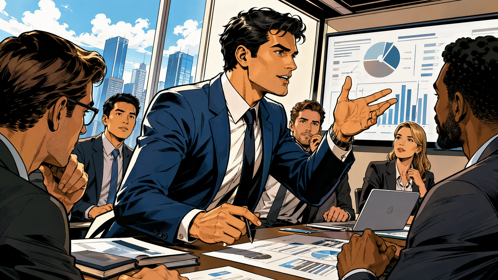 会議でリーダーとメンバーのみんなで会話するシーン