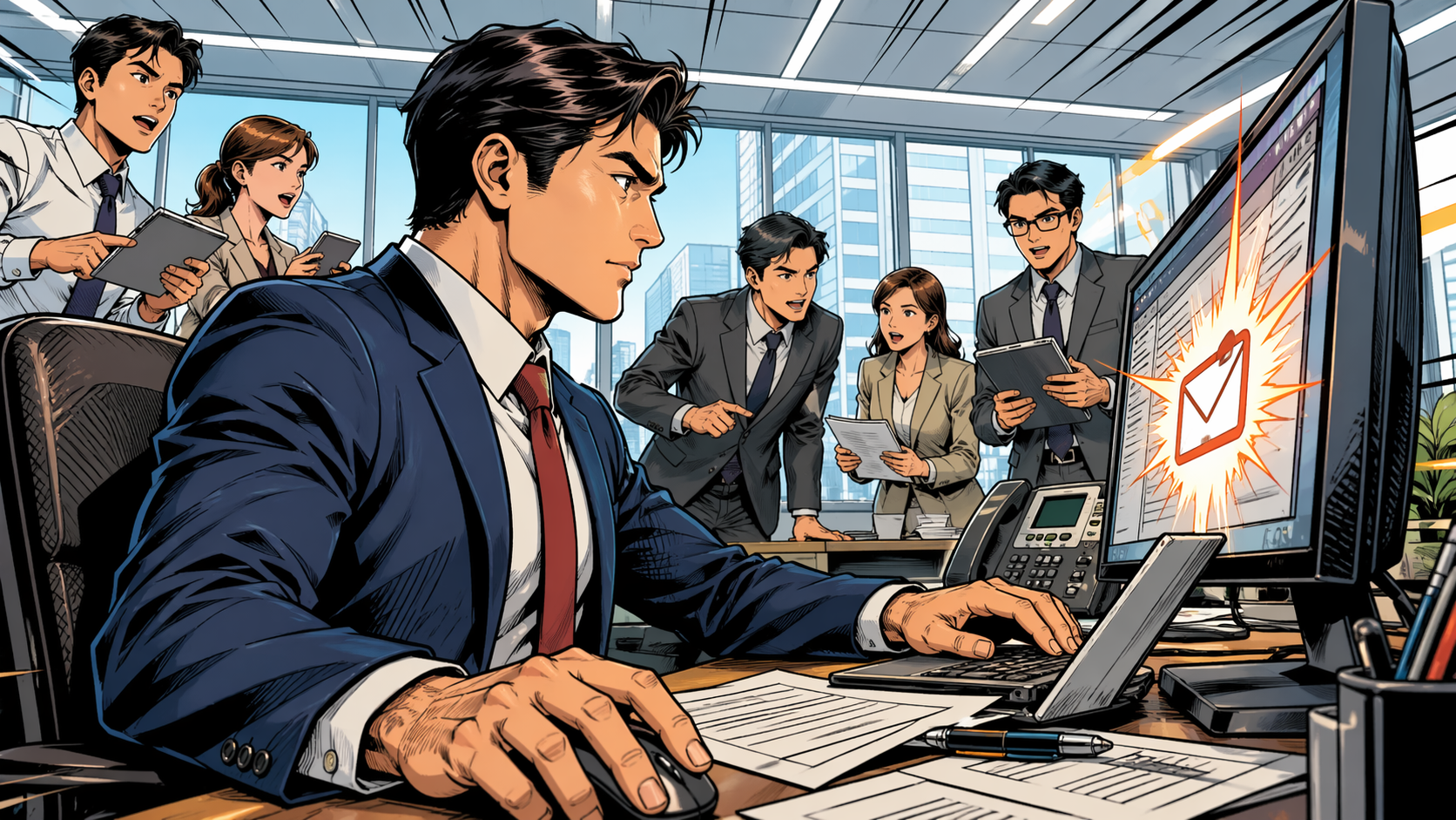 リーダーと新人社員と仕事をする中堅社員